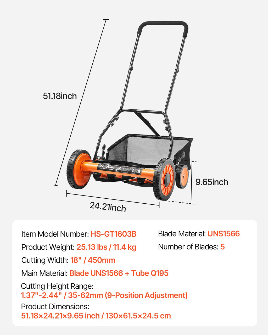 Mechaninė vejapjovė VEVOR HS-GT1603B, 45 cm pjovimo plotis