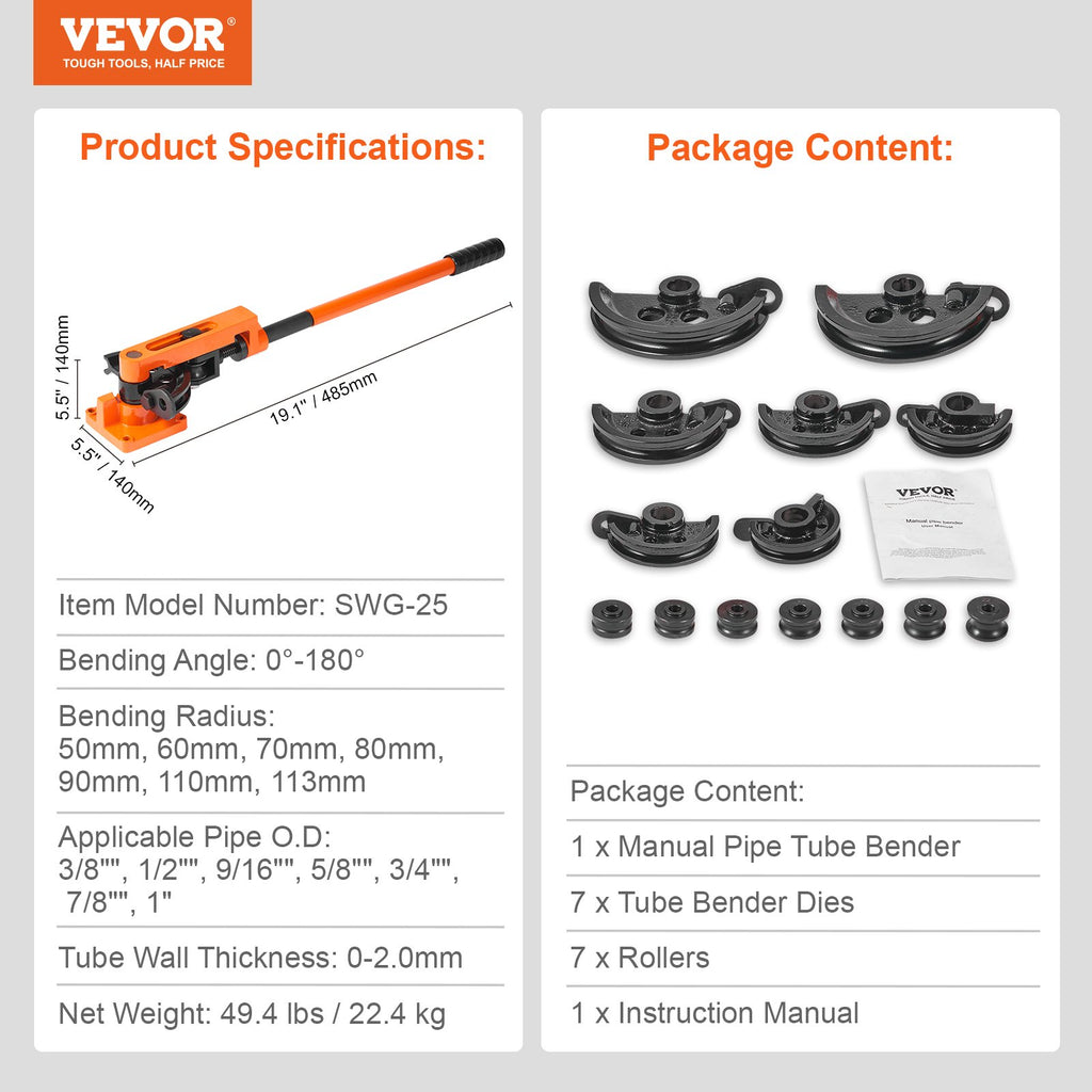 Rankinis vamzdžių lenkimo įrankis VEVOR SWG-25, 9,5–25,4 mm