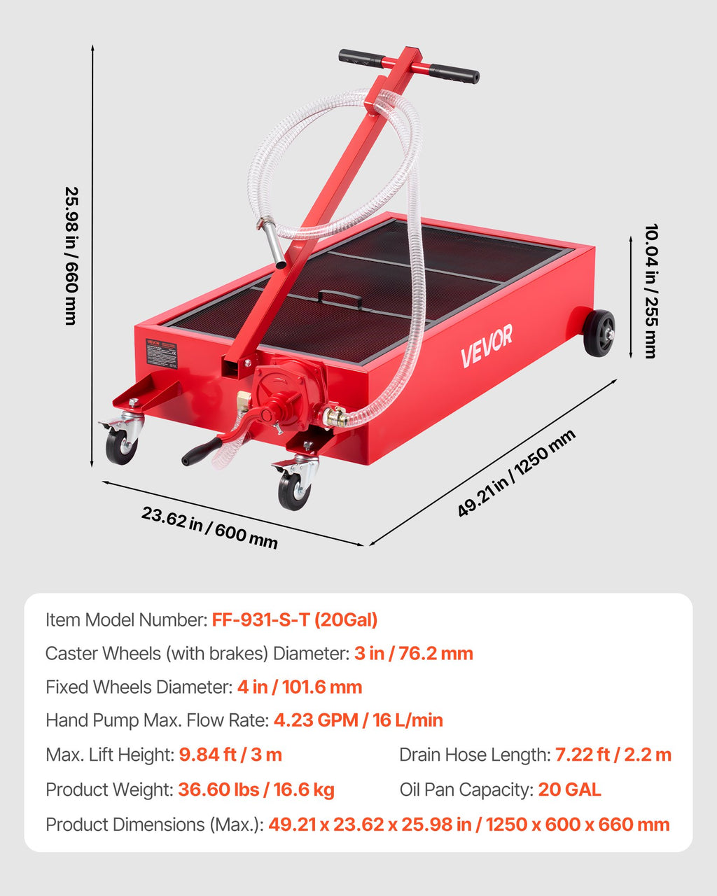 Žemo profilio alyvos surinkimo talpa VEVOR FF-931-S-T, 75,7 l
