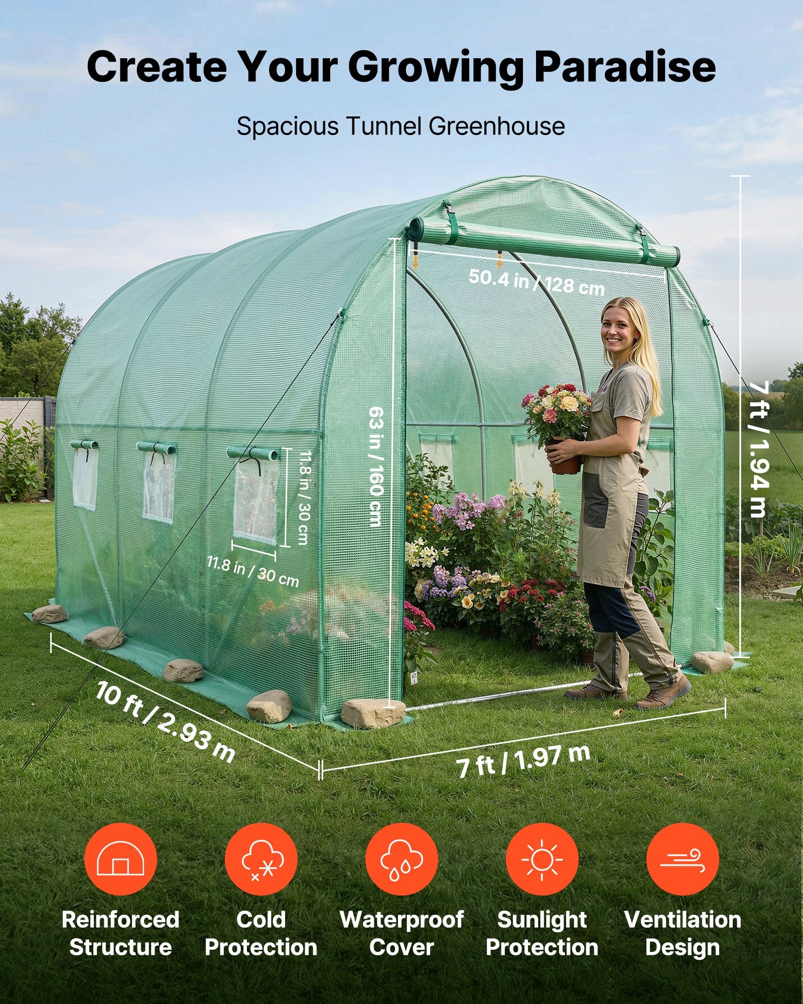 Šiltnamis tunelis VEVOR 2×3×2m(3)G-D, 2,93x1,97x1,94 m