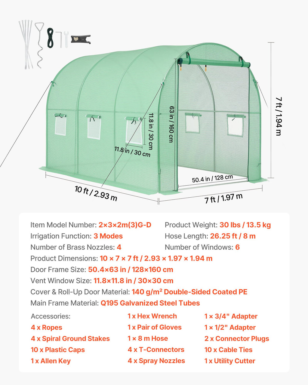 Šiltnamis tunelis VEVOR 2×3×2m(3)G-D, 2,93x1,97x1,94 m