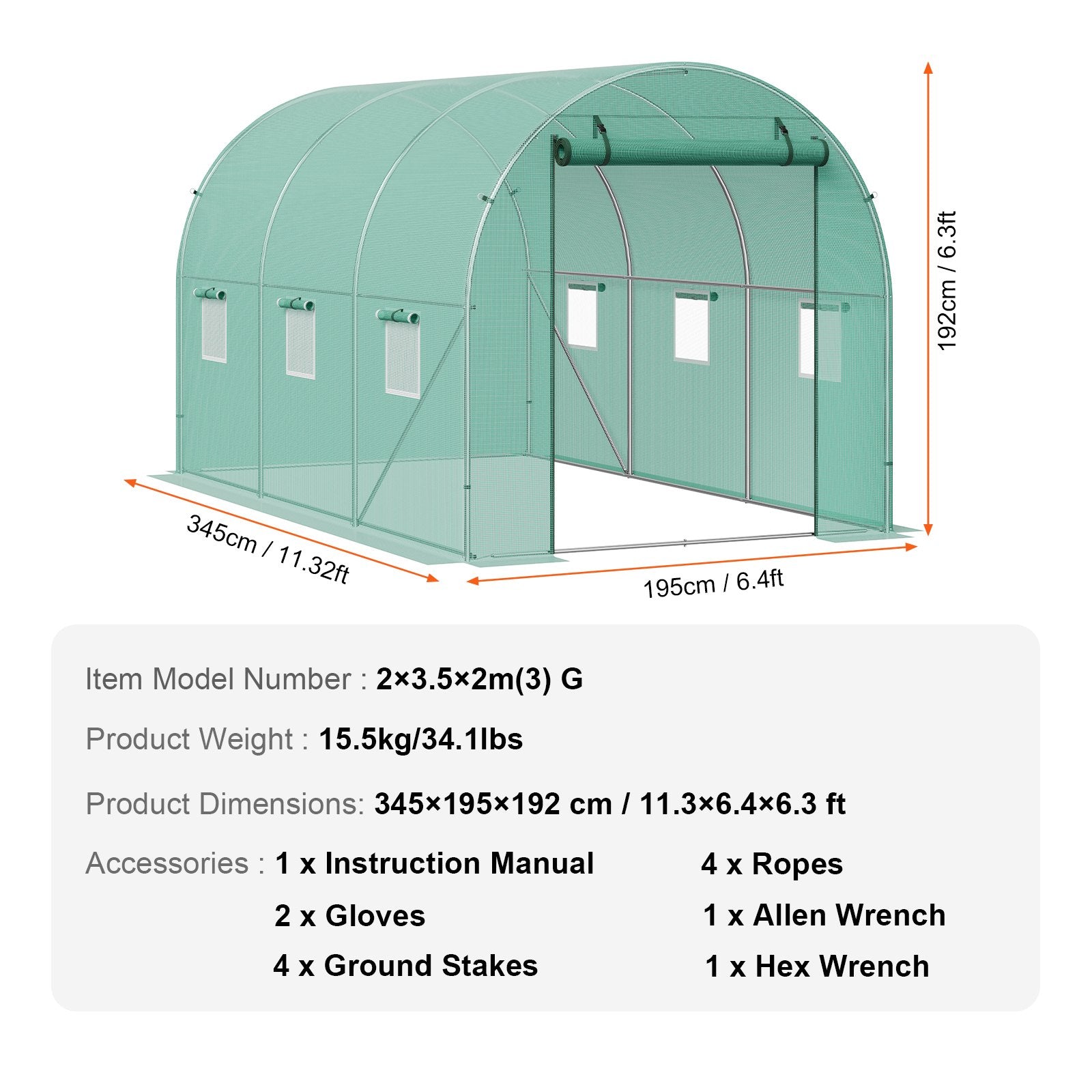 Tunelinis šiltnamis VEVOR 2x3.5x2m(3)G, 3,45 x 1,95 x 1,92 m