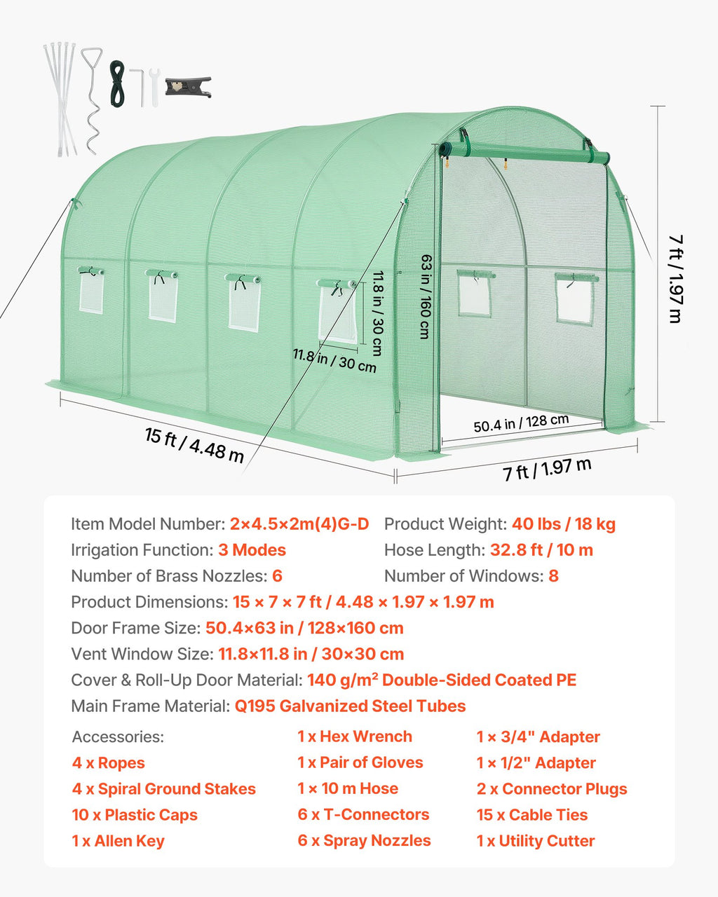Tunelinis šiltnamis VEVOR 2x4.5x2m(4)G-D, 4,48 x 1,97 x 1,97 m