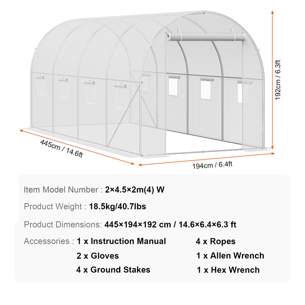 Šiltnamis tunelis VEVOR 2x4.5x2m, 140g/m² PE danga