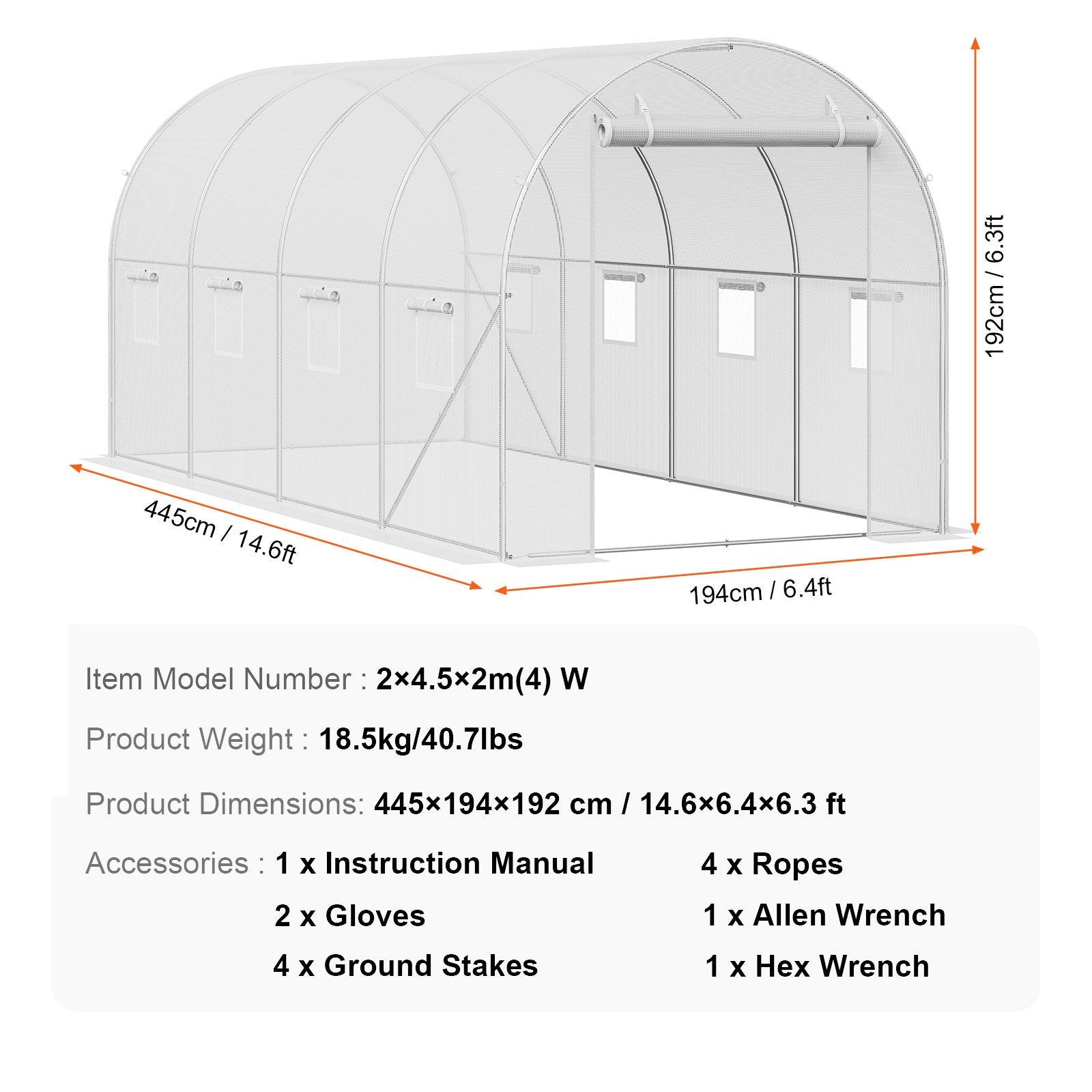 Šiltnamis tunelis VEVOR 2x4.5x2m, 140g/m² PE danga