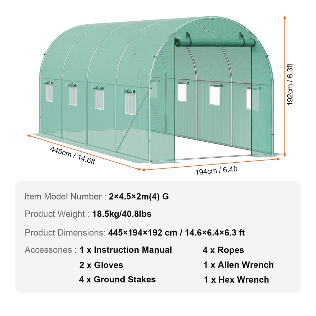 Tunelinis šiltnamis VEVOR 2x4,5x2 m (4) G, 4,45 x 1,94 x 1,92 m