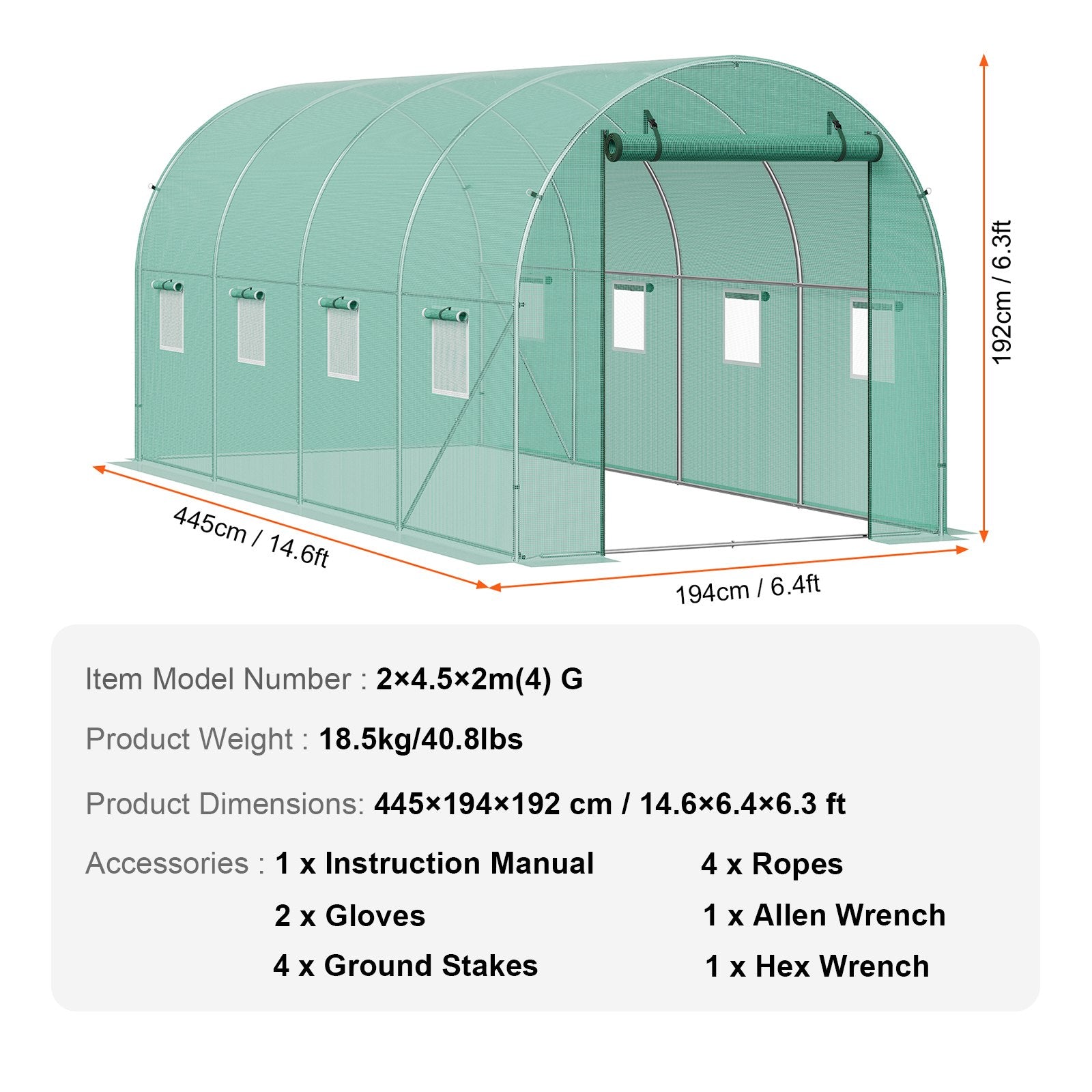 Tunelinis šiltnamis VEVOR 2x4,5x2 m (4) G, 4,45 x 1,94 x 1,92 m