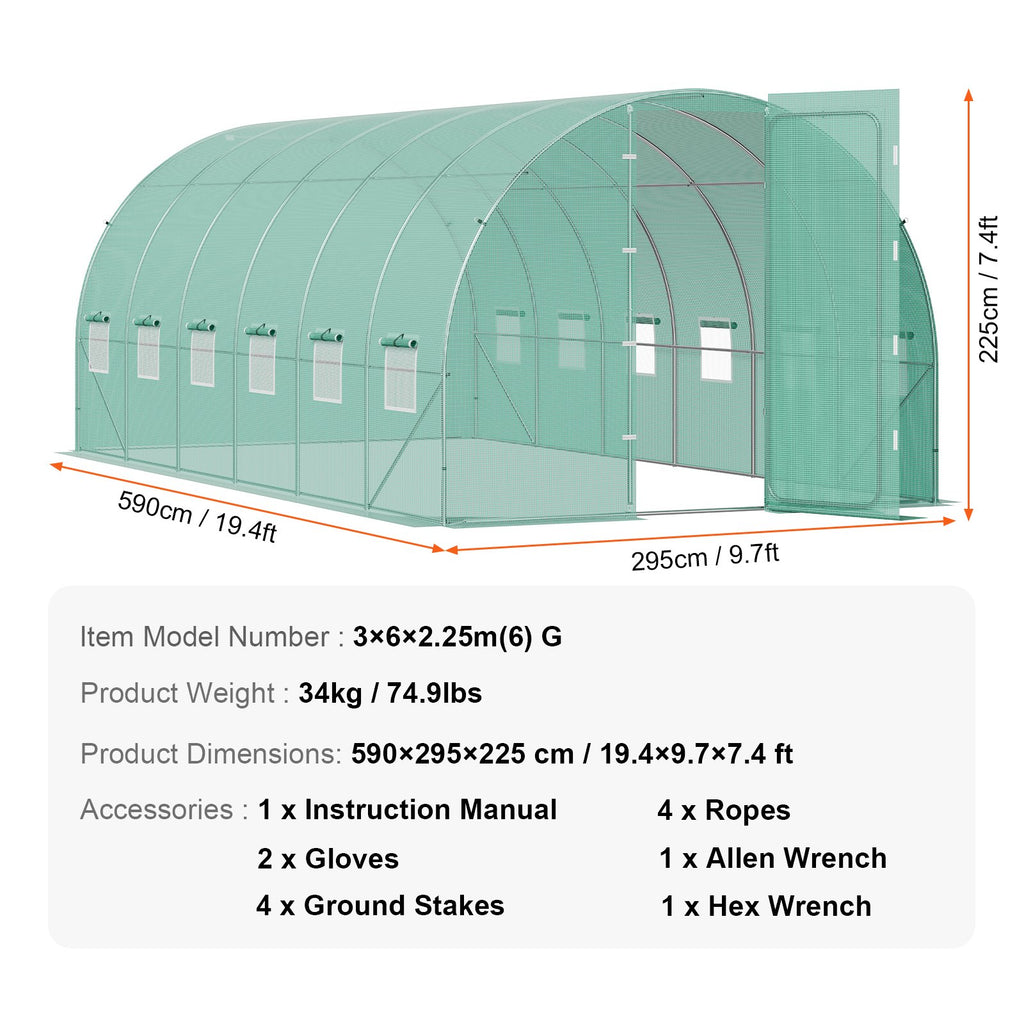 Tunelinis šiltnamis VEVOR 3x6x2.25m, 18 m²