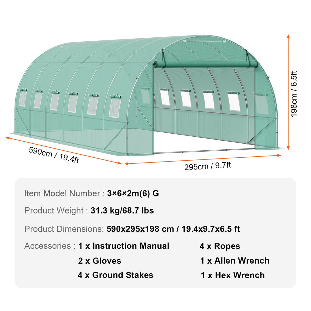 Tunelinis šiltnamis VEVOR 3x6x2m, 18 m² plotas