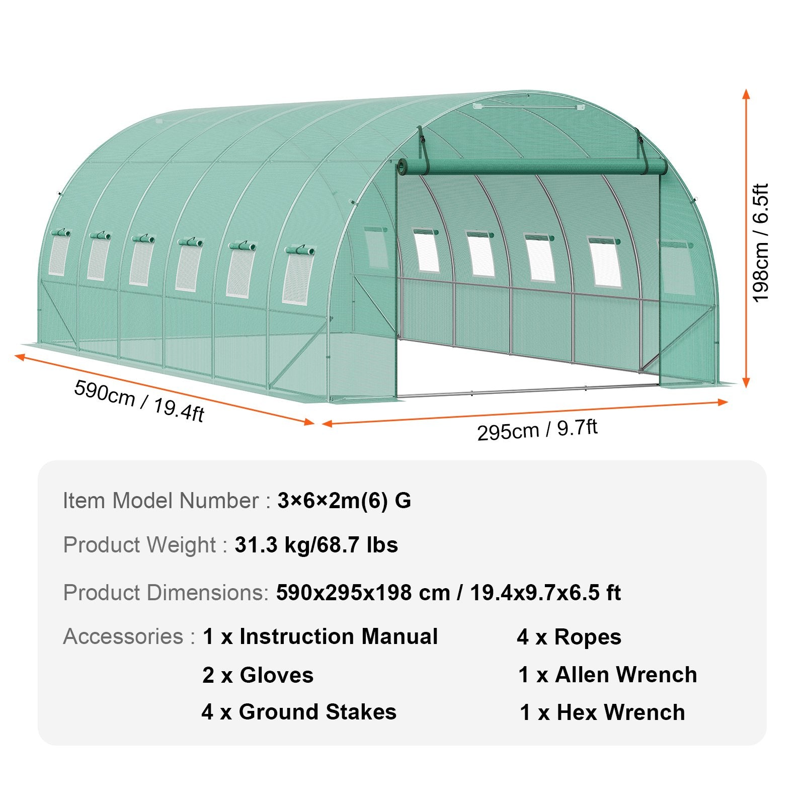 Tunelinis šiltnamis VEVOR 3x6x2m, 18 m² plotas