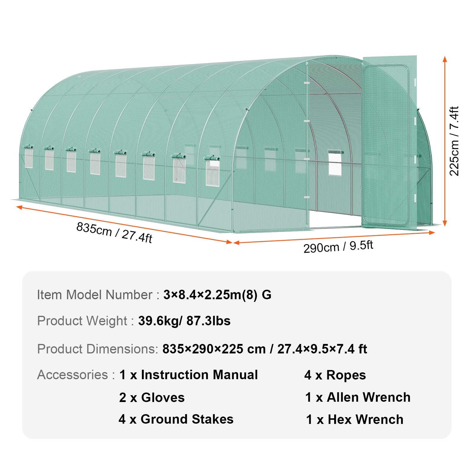 Tunelinis šiltnamis VEVOR 3x8,4x2,25 m, 24 m²