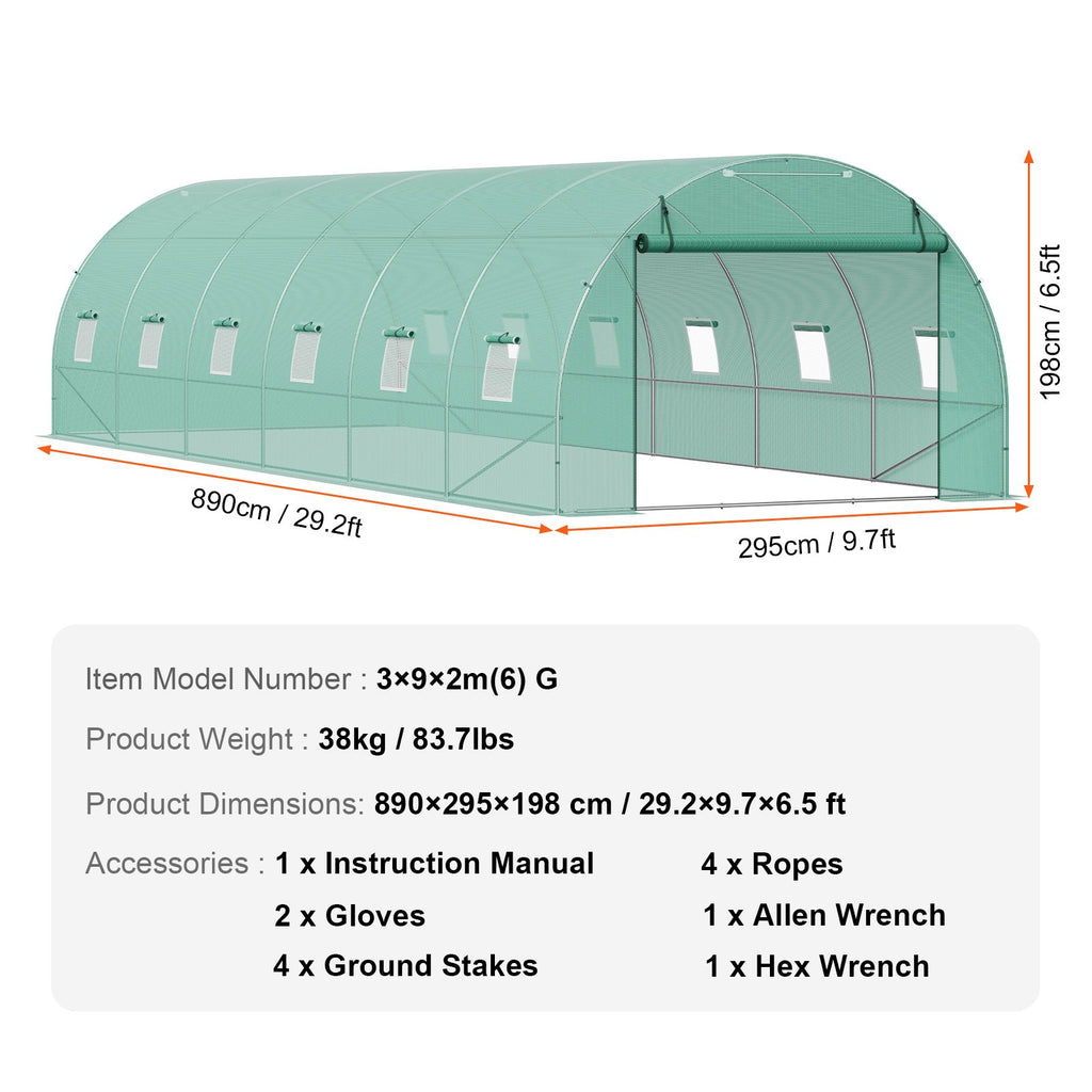 Tunelinis šiltnamis VEVOR 3x9x2m(6)G, 26,2 m²