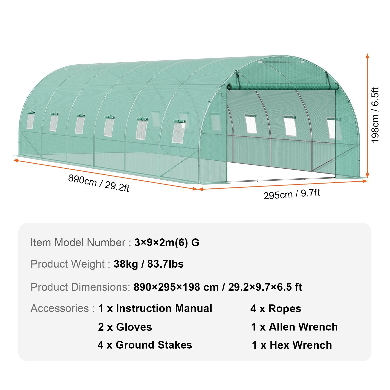 Tunelinis šiltnamis VEVOR 3x9x2m(6)G, 26,2 m²