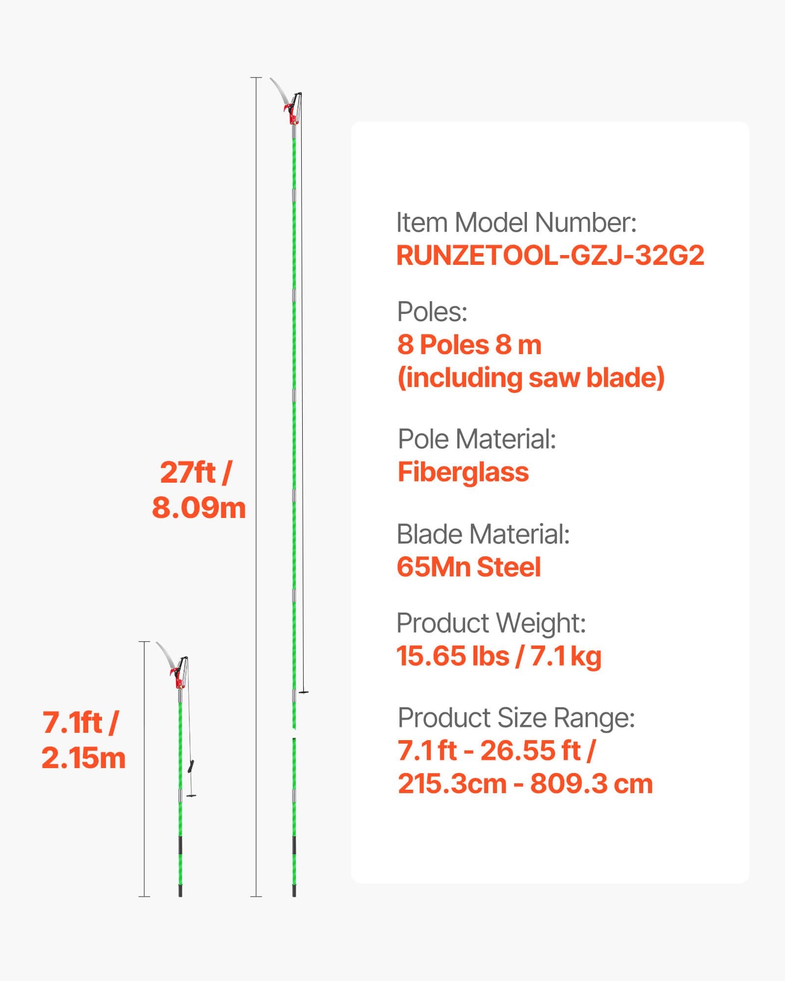 Rankinis aukštapjovės pjūklas VEVOR RUNZETOOL-GZJ-32G2, iki 8,1 m