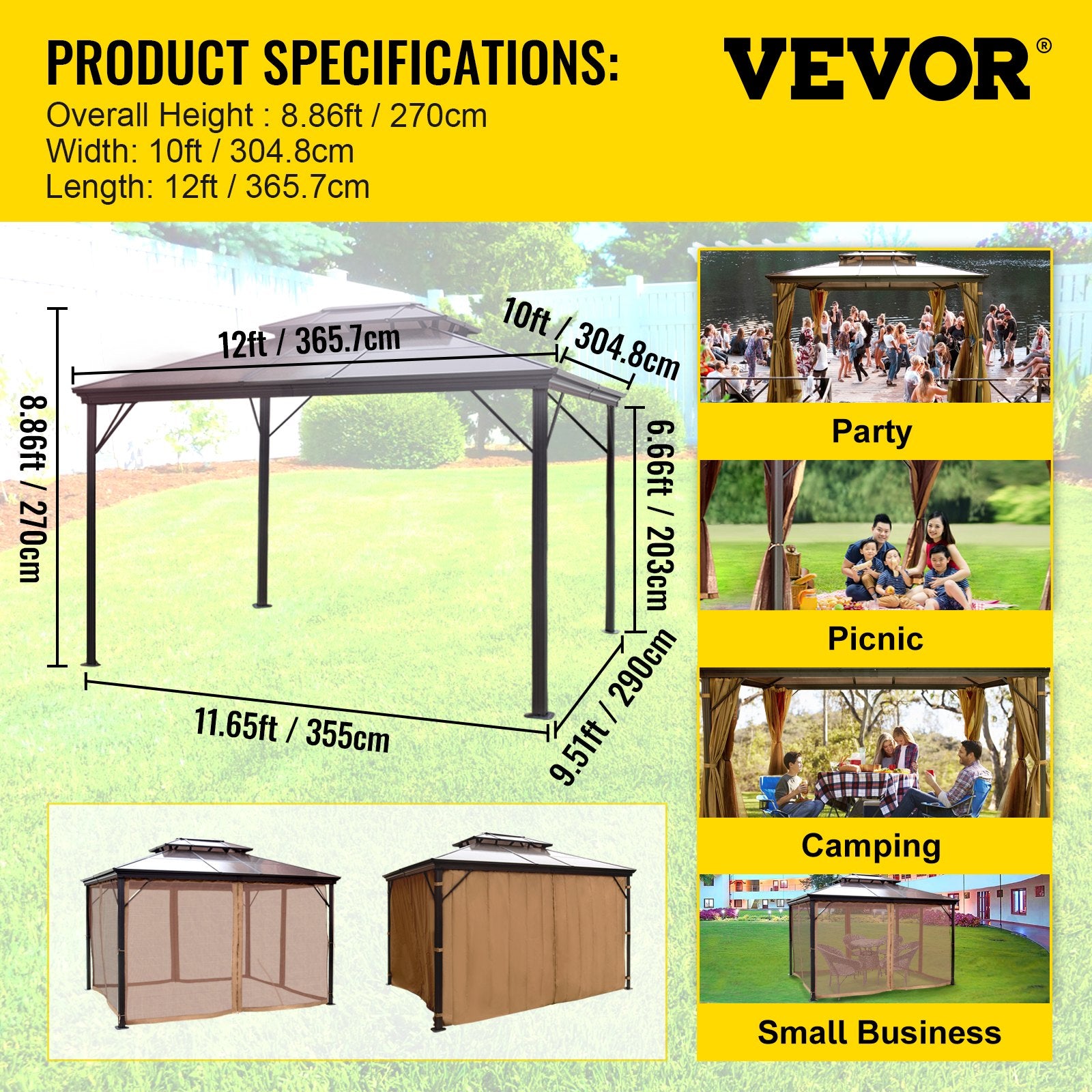 Lauko pavėsinė VEVOR 10x12ft, su dvigubu stogu