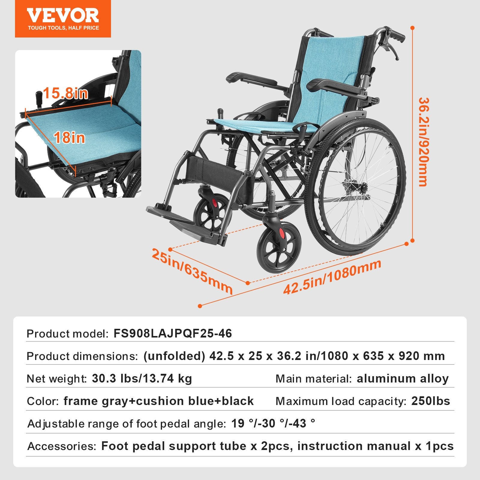 Neįgaliojo vežimėlis VEVOR FS908LAJPQF25-46, 113 kg keliamoji galia