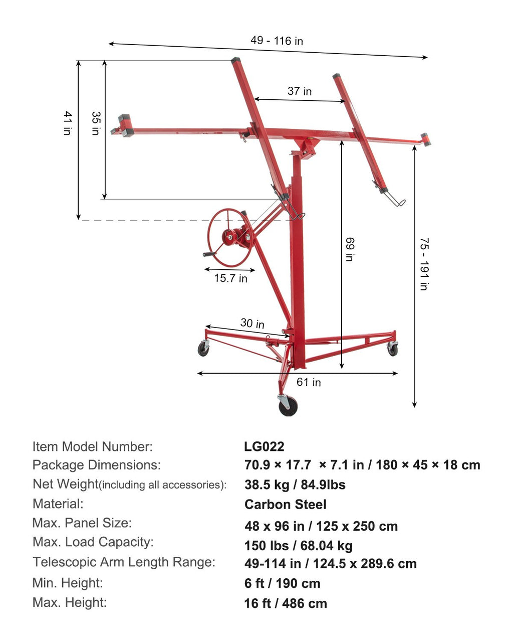 Gipso kartono plokščių keltuvas VEVOR LG-022, 4,88 m