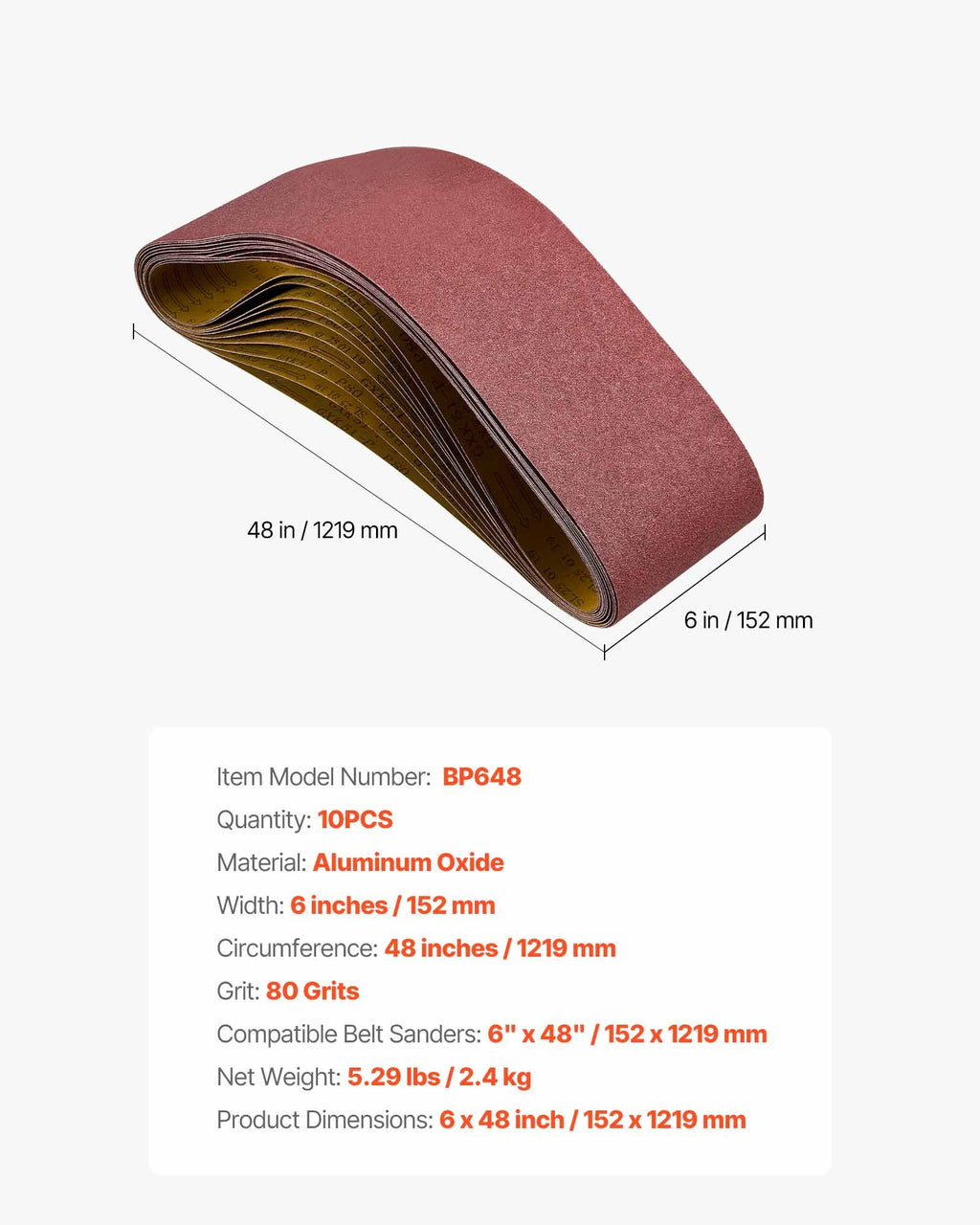Šlifavimo juostos VEVOR BP648, 152 x 1219 mm, 80 grit, 10 vnt.