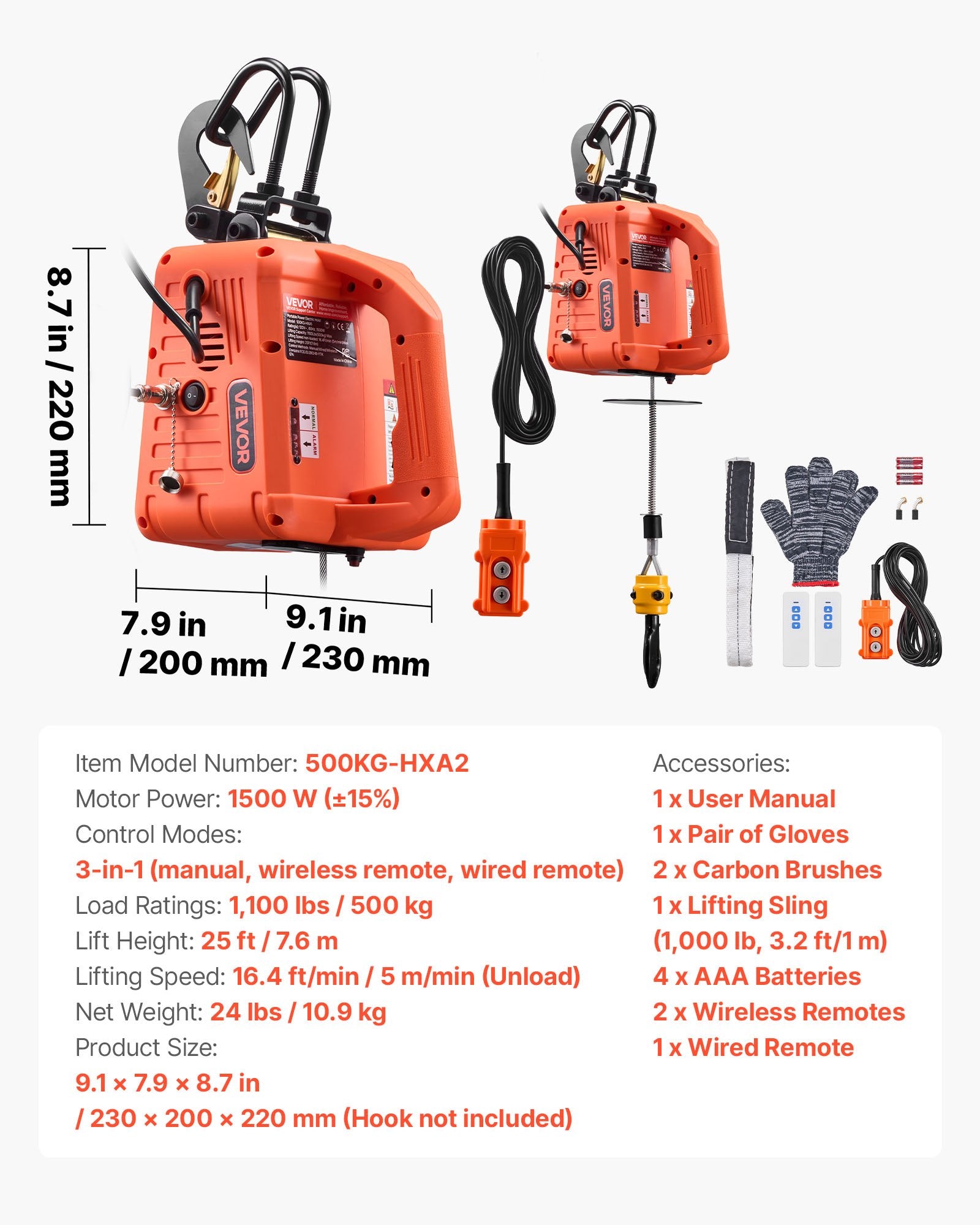Elektrinė gervė VEVOR 500KG-HXA2, 500 kg keliamoji galia