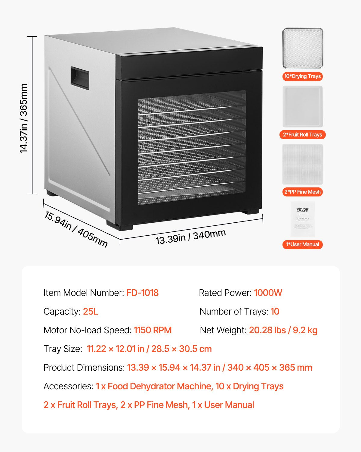 Maisto džiovintuvas VEVOR FD-1018, 1000W