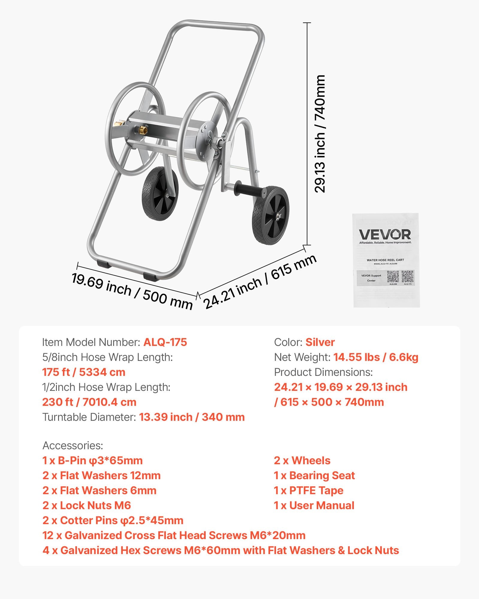 Sodo žarnos vežimėlis VEVOR ALQ-175, talpa iki 53 m