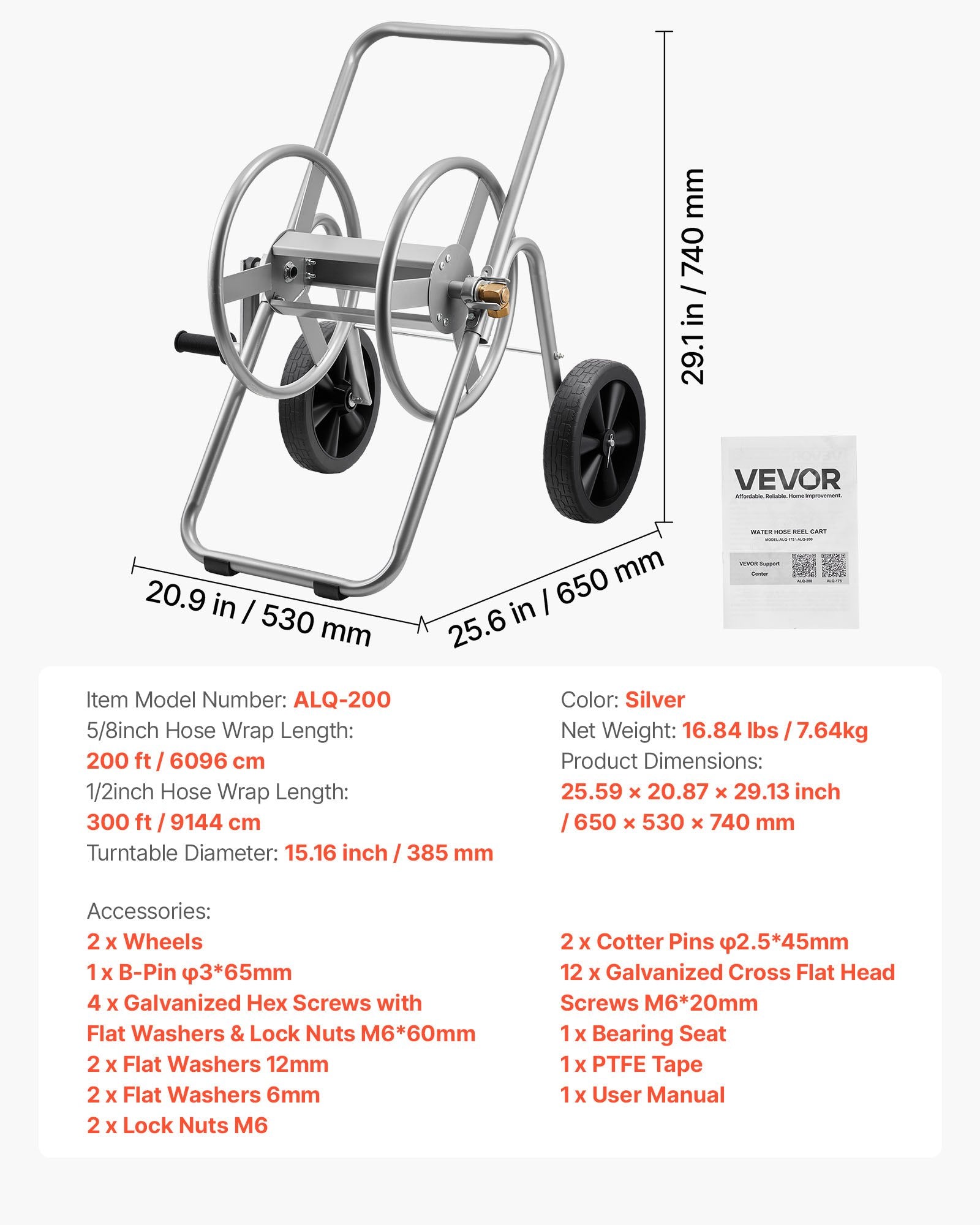 Sodo žarnos vežimėlis VEVOR ALQ-200, 91 m talpos