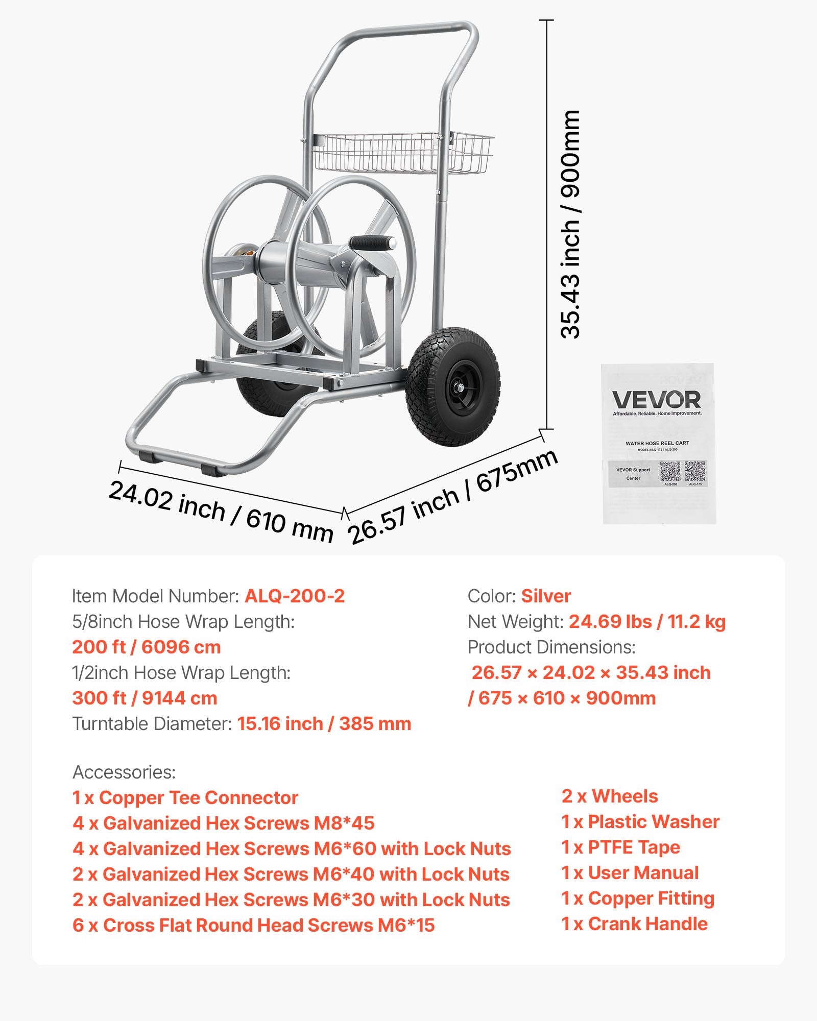 Sodo žarnos vežimėlis VEVOR ALQ-200-2, iki 91 m talpos