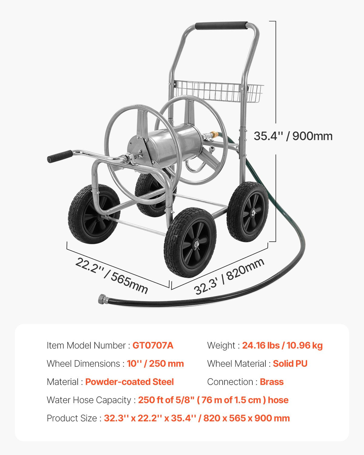 Sodo žarnos vežimėlis VEVOR ALQ-250, iki 76 m talpos