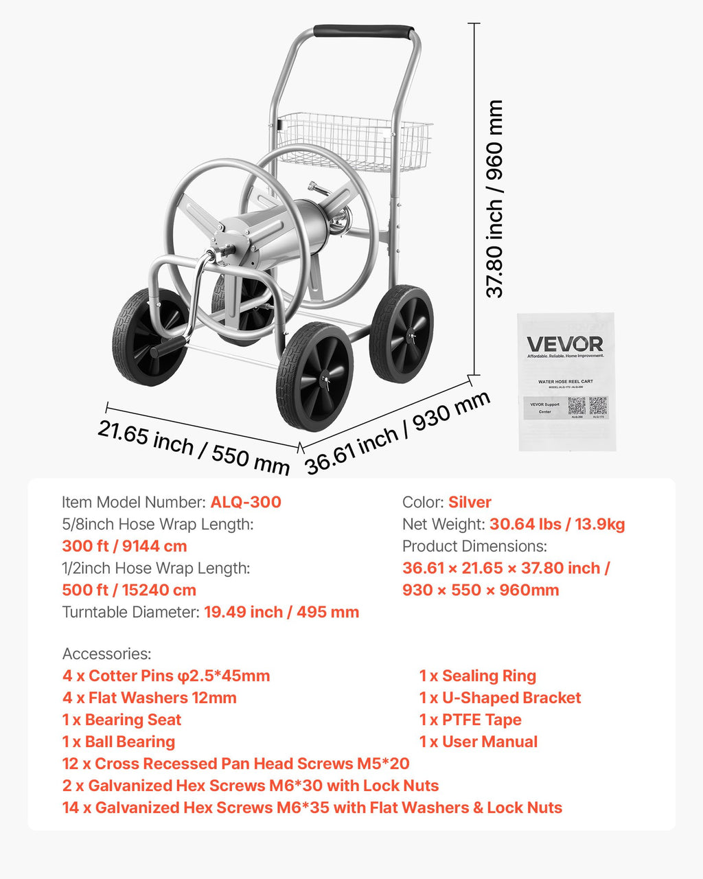 Sodo žarnos vežimėlis VEVOR ALQ-300, 91 m žarnai