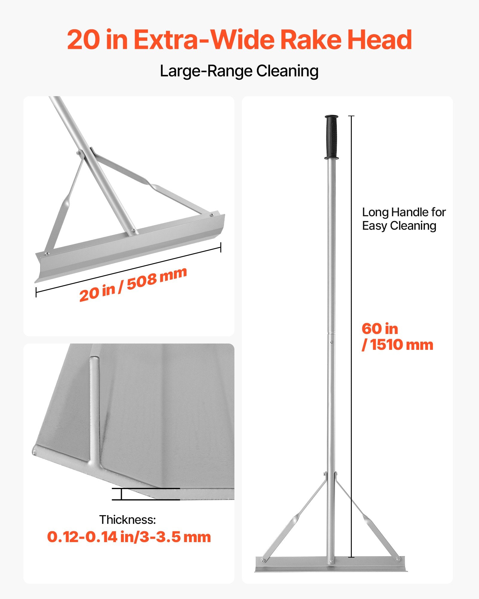 Aplinkos tvarkymo grėblys VEVOR LVPA20-60, 508 mm pločio galva
