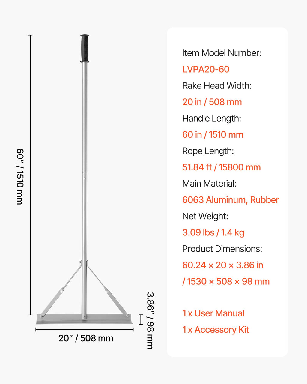 Aplinkos tvarkymo grėblys VEVOR LVPA20-60, 508 mm pločio galva