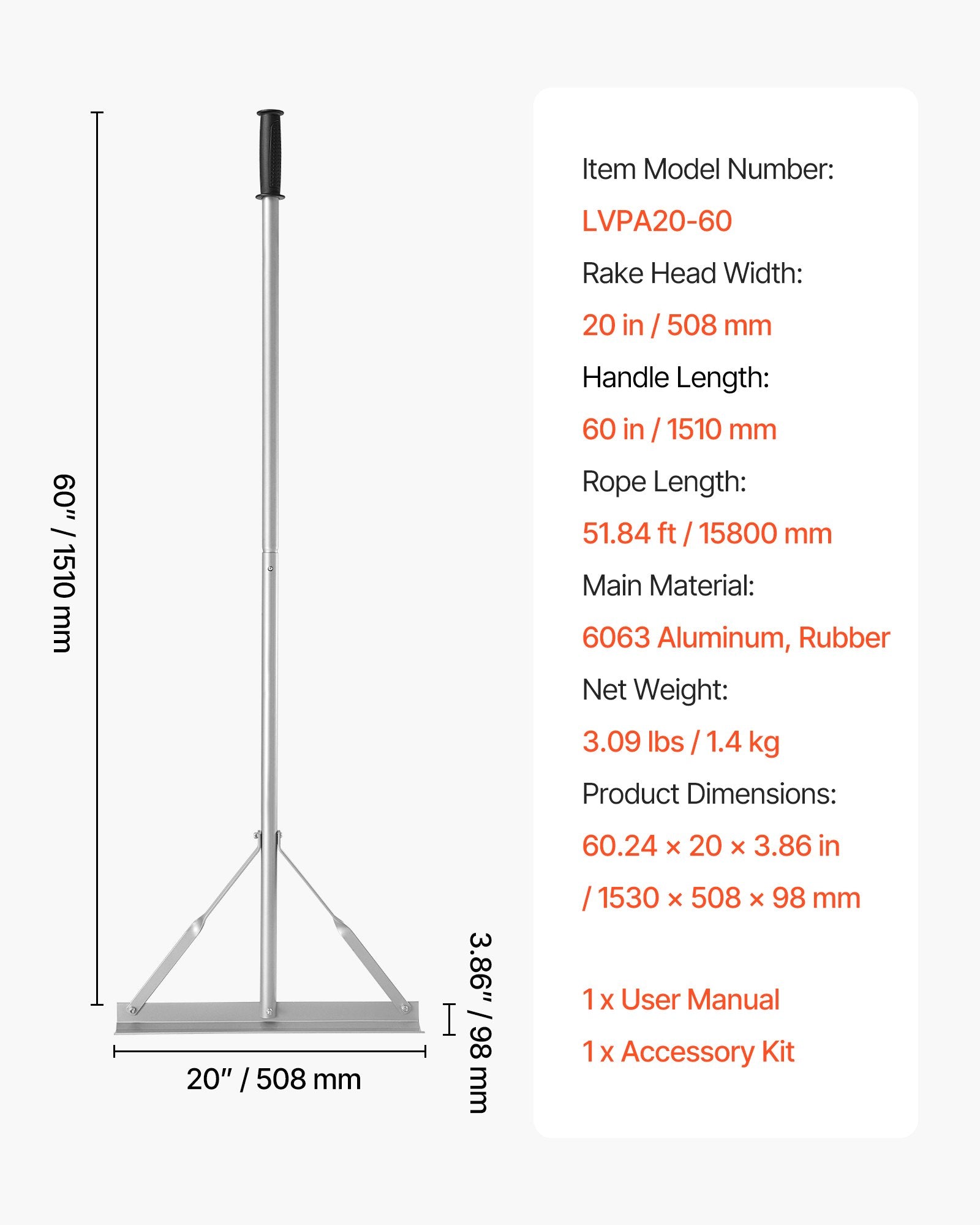 Aplinkos tvarkymo grėblys VEVOR LVPA20-60, 508 mm pločio galva