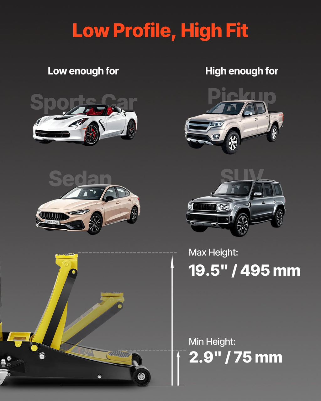 Žemo profilio hidraulinis keltuvas VEVOR K500, 3 tonos