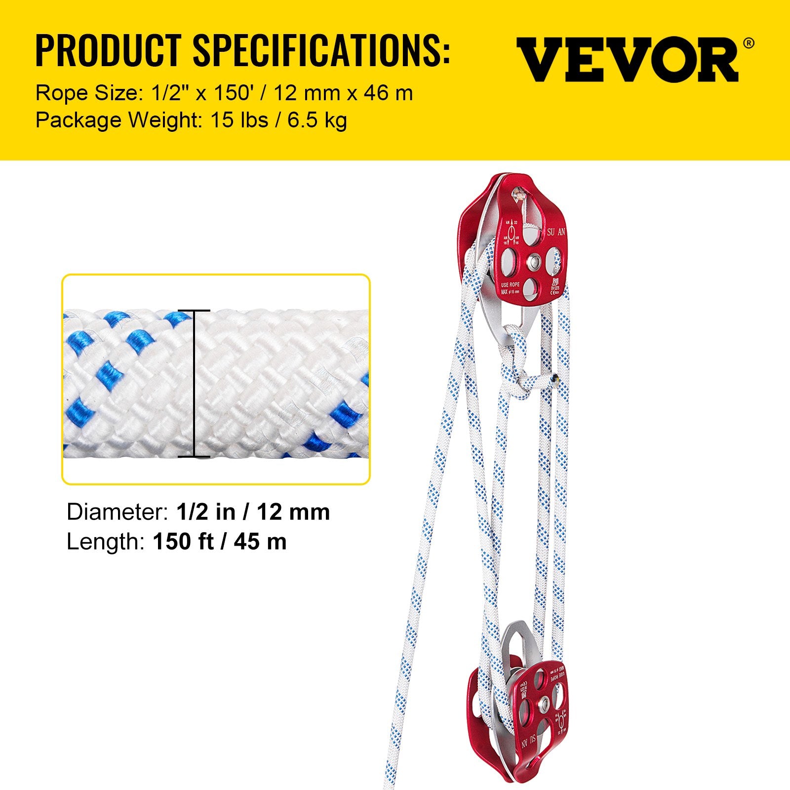Dvigubas skriemulys su virve VEVOR 12 mm, 3500 kg trūkimo jėga