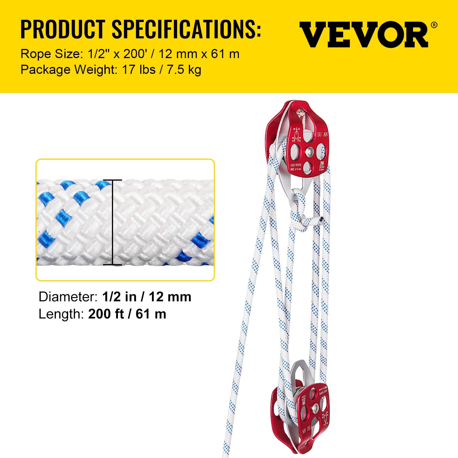 Dvigubas skriemulys su virve VEVOR 1/2" x 200', 35 kN