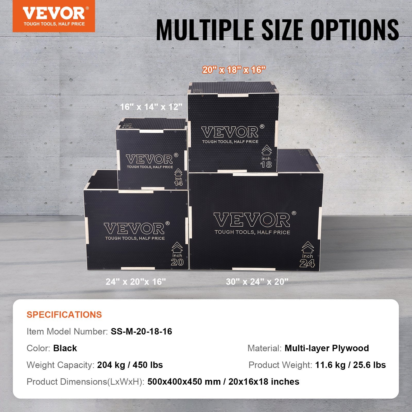 Plyometrinė dėžė šuoliams VEVOR SS-M-20-18-16, 3-in-1 dizainas