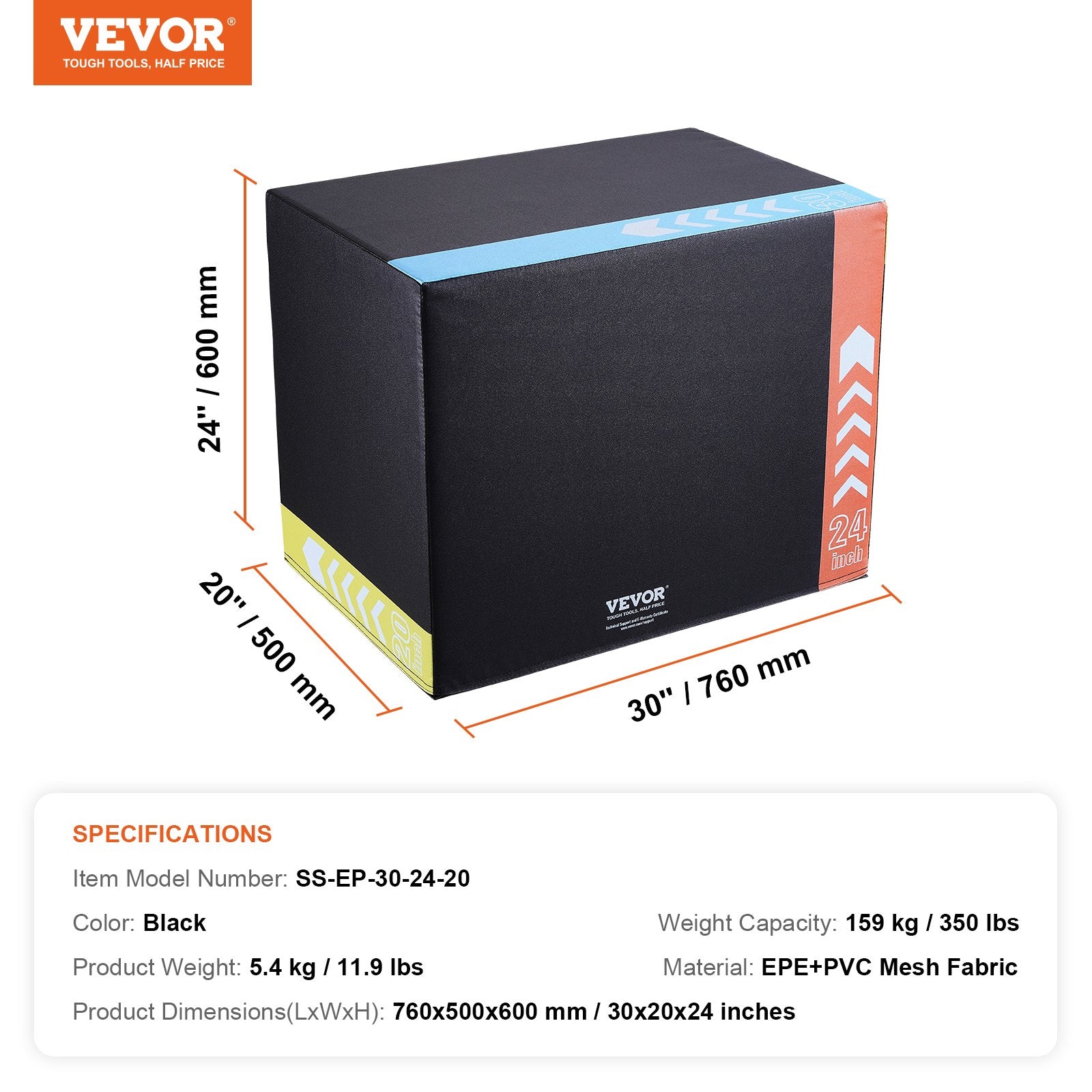 Pliometrinė šuolių dėžė VEVOR SS-EP-30-24-20, 3-in-1 dizainas