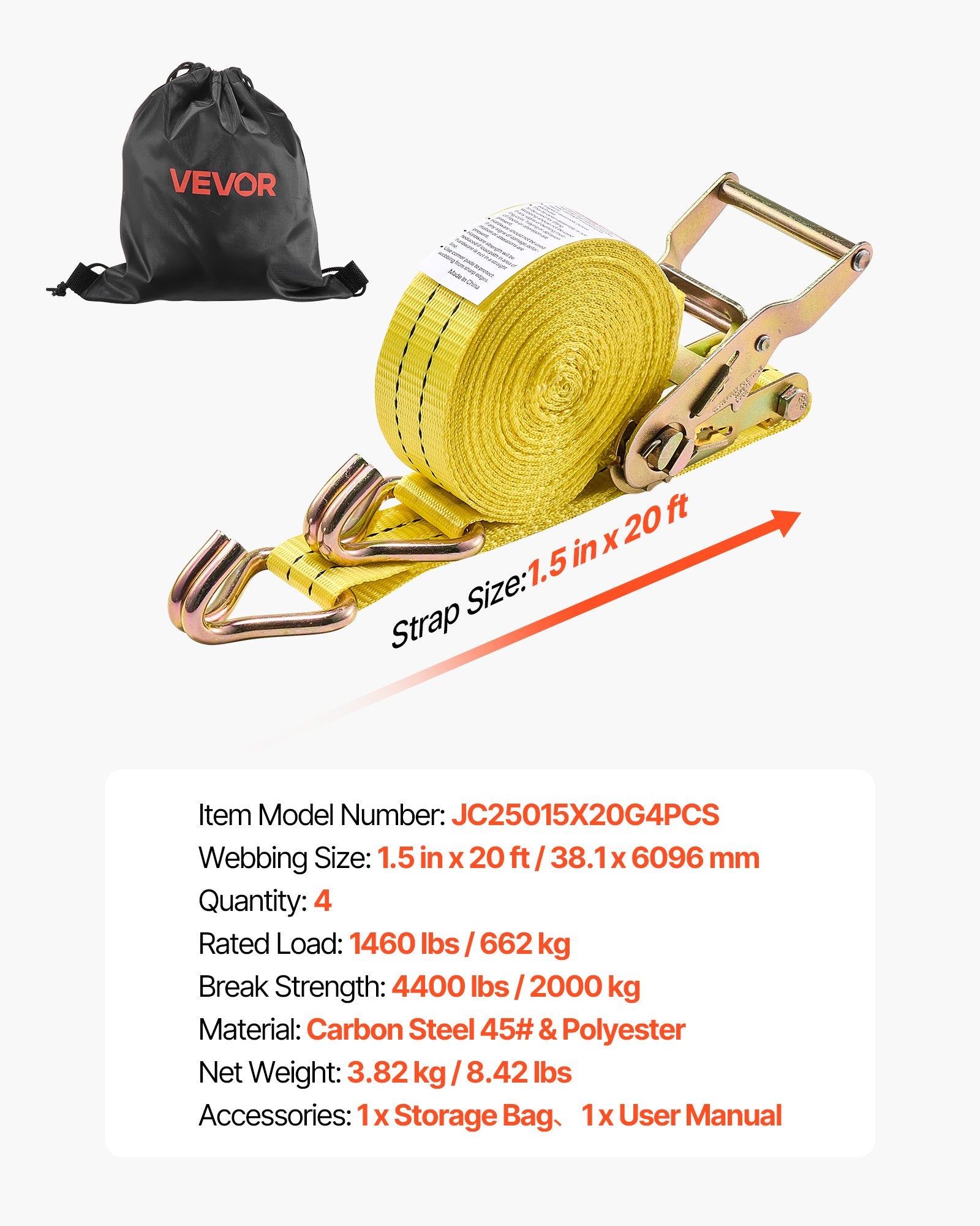 Tvirtinimo diržai su terkšle VEVOR JC25015X20G4PCS, 2000 kg, 4 vnt.
