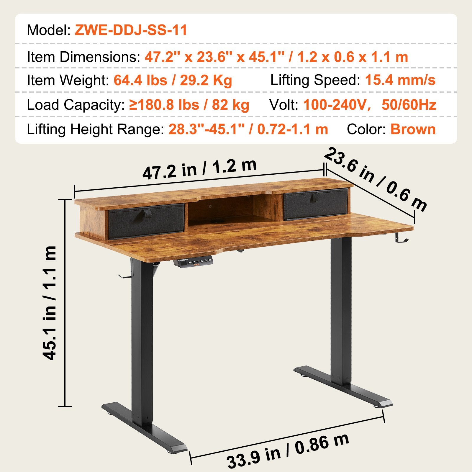 Reguliuojamo aukščio stalas VEVOR ZWE-DDJ-SS-11, 120x60 cm