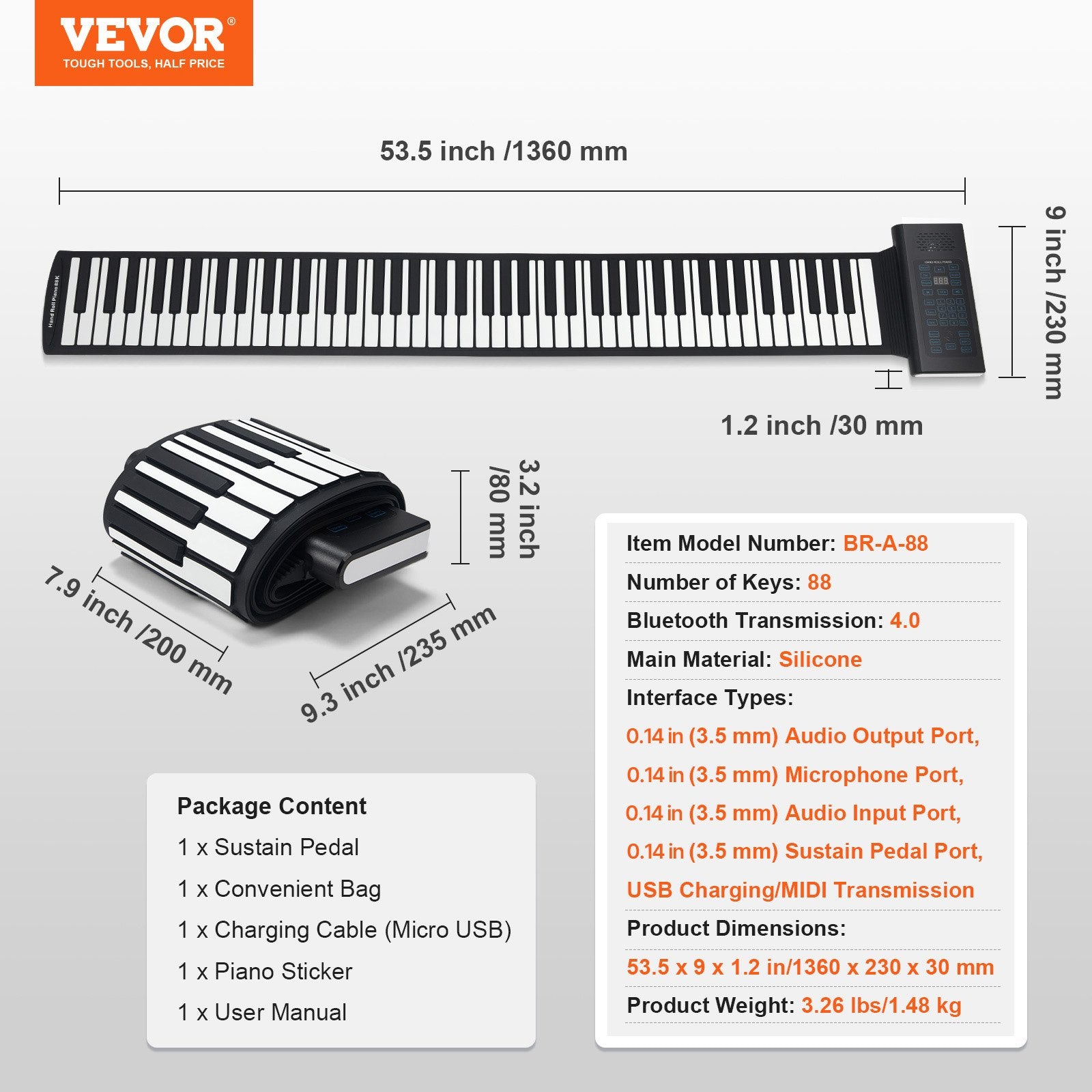 Susukamas pianinas VEVOR BR-A-88, 88 klavišai