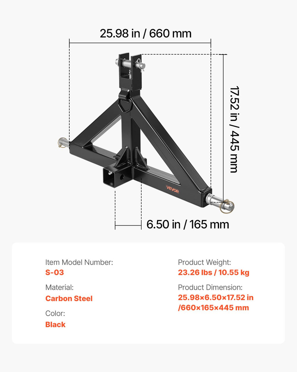 3 taškų pakabos jungtis traktoriui VEVOR S-03, 1360 kg keliamoji galia