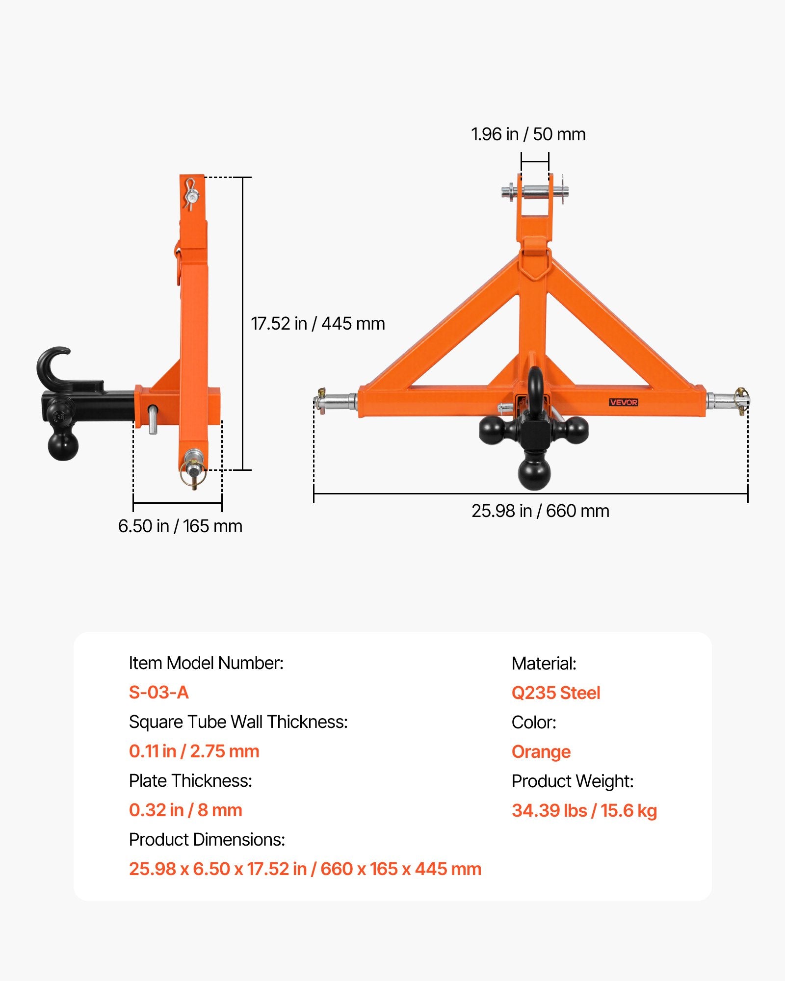 3 taškų prikabinimo mechanizmas VEVOR S-03-A, 50,8 mm lizdas