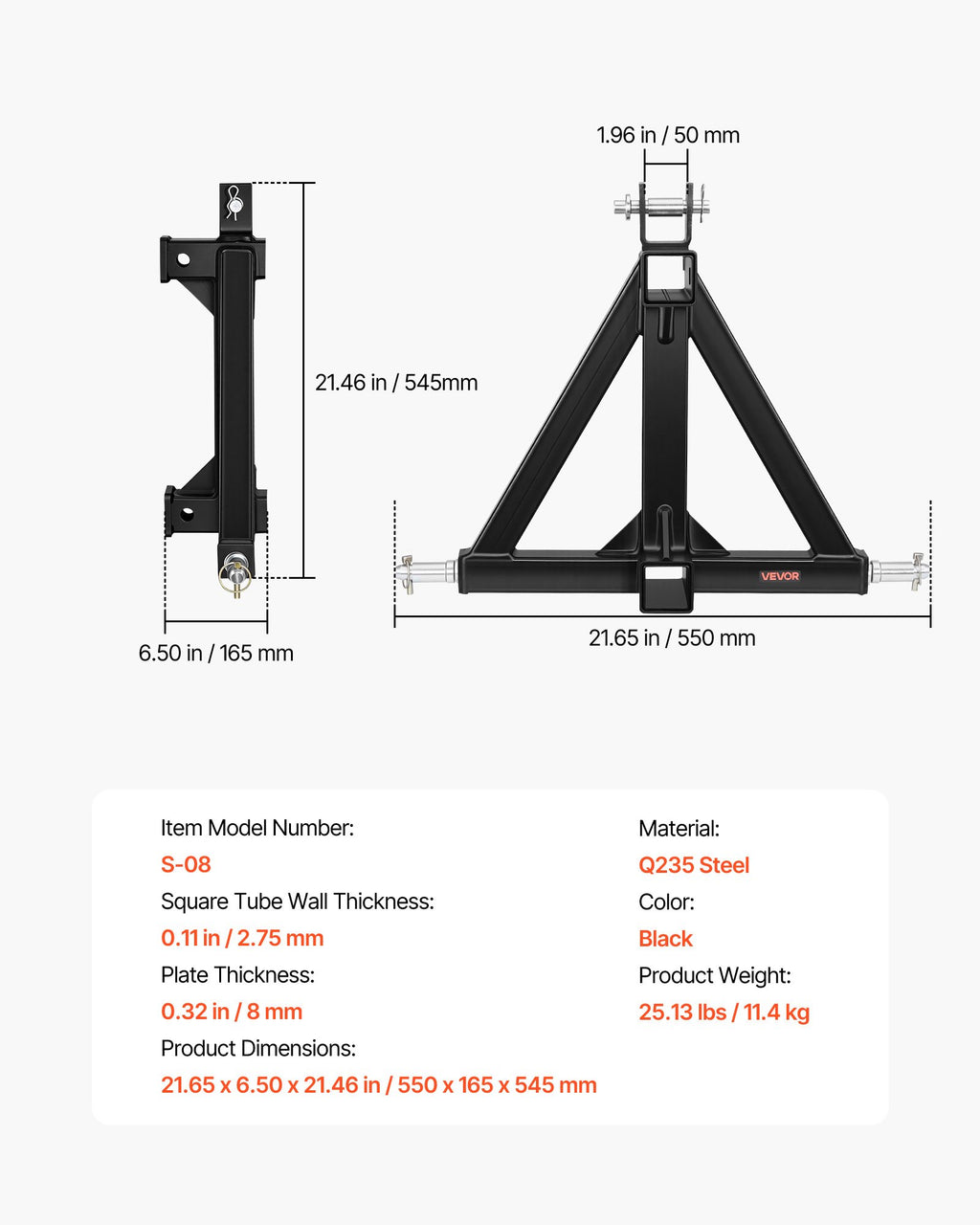 Tritaškis priekabos prikabinimo įtaisas VEVOR S-08, 50,8 mm jungtis
