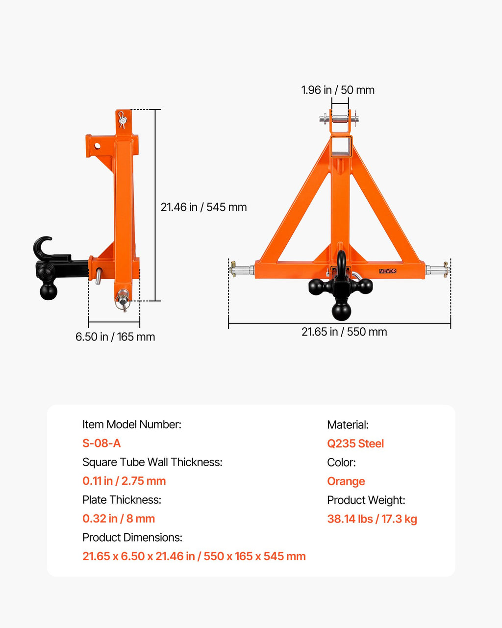 3 taškų traktoriaus prikabinimo įtaisas VEVOR S-08-A, 50,8 mm lizdas
