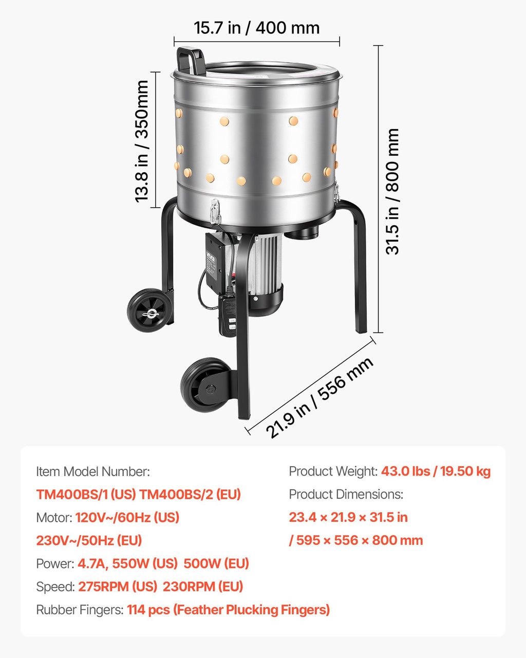 Naminių paukščių pešimo mašina VEVOR TM400BS/2, 500 W