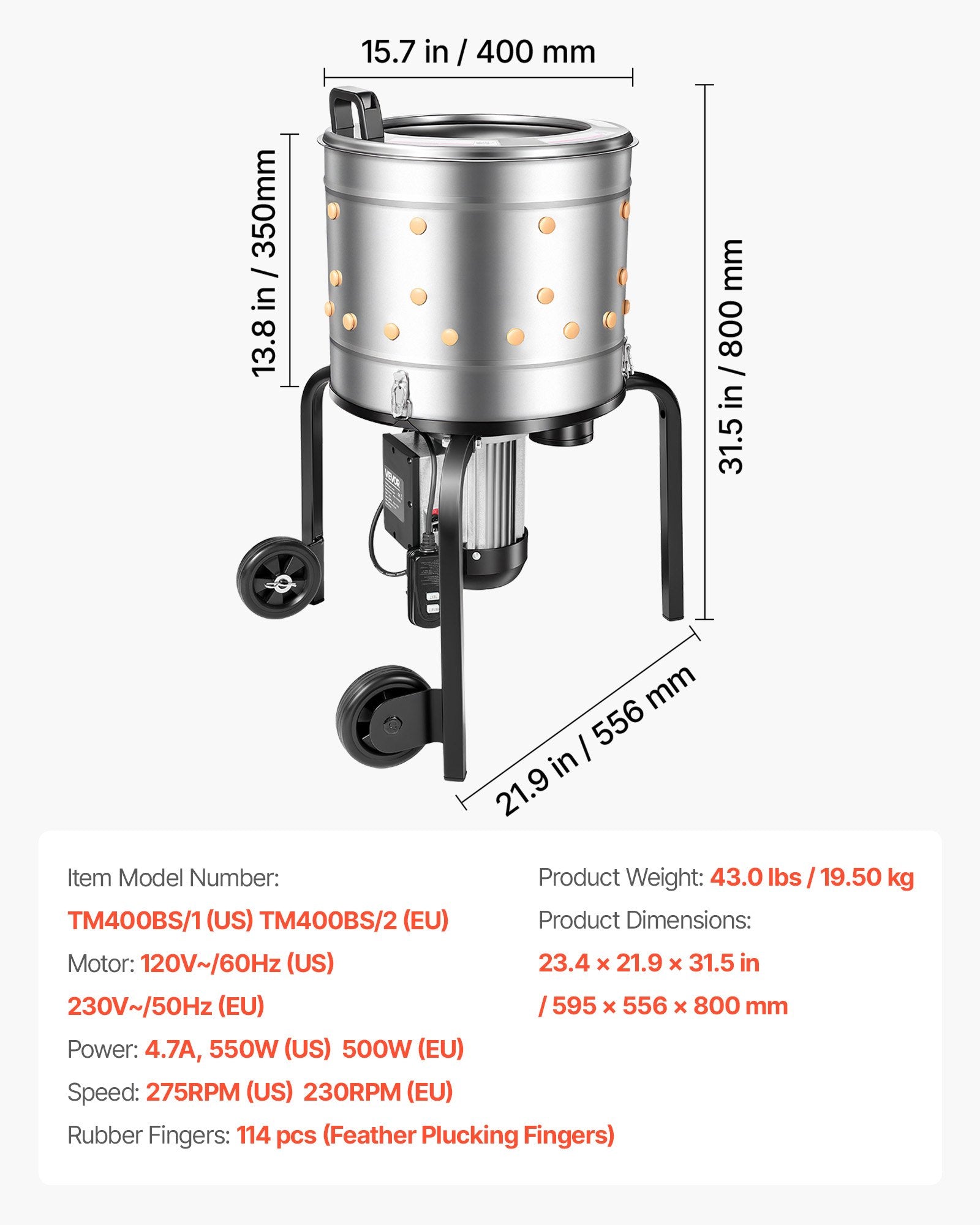 Naminių paukščių pešimo mašina VEVOR TM400BS/2, 500 W