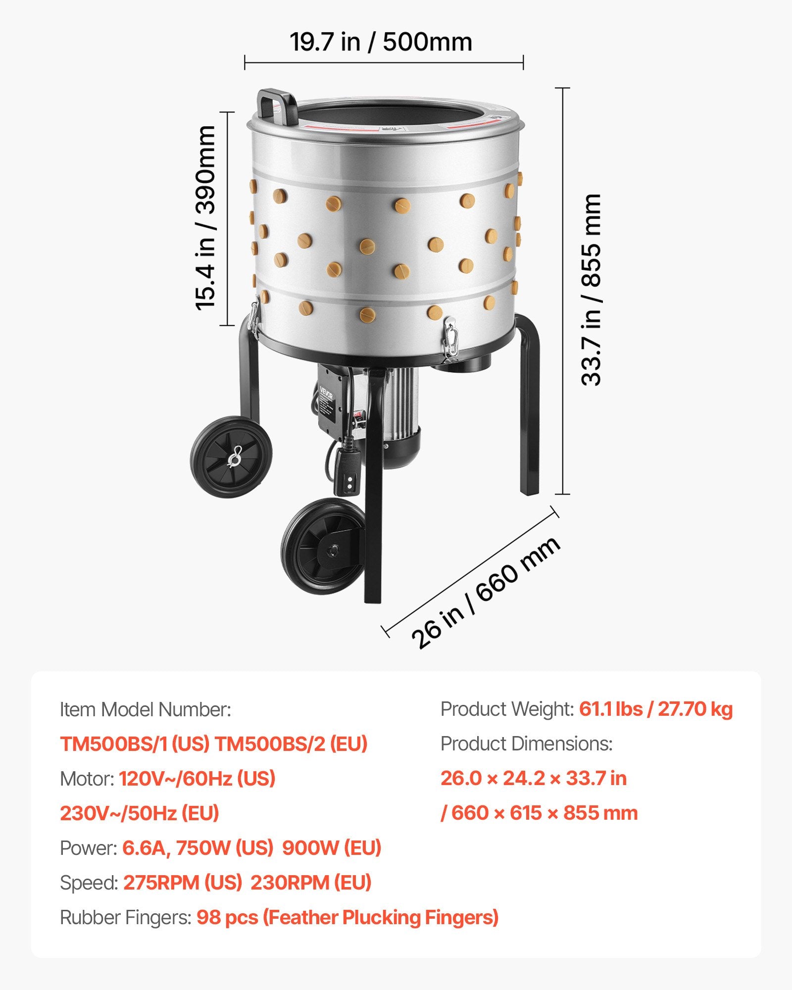 Elektrinė paukščių pešimo mašina VEVOR TM500BS/2, 900 W