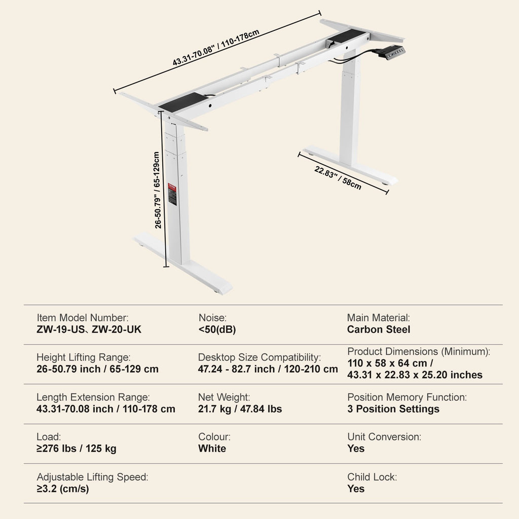 Elektrinio stalo rėmas VEVOR ZW-20, 66–129 cm aukštis