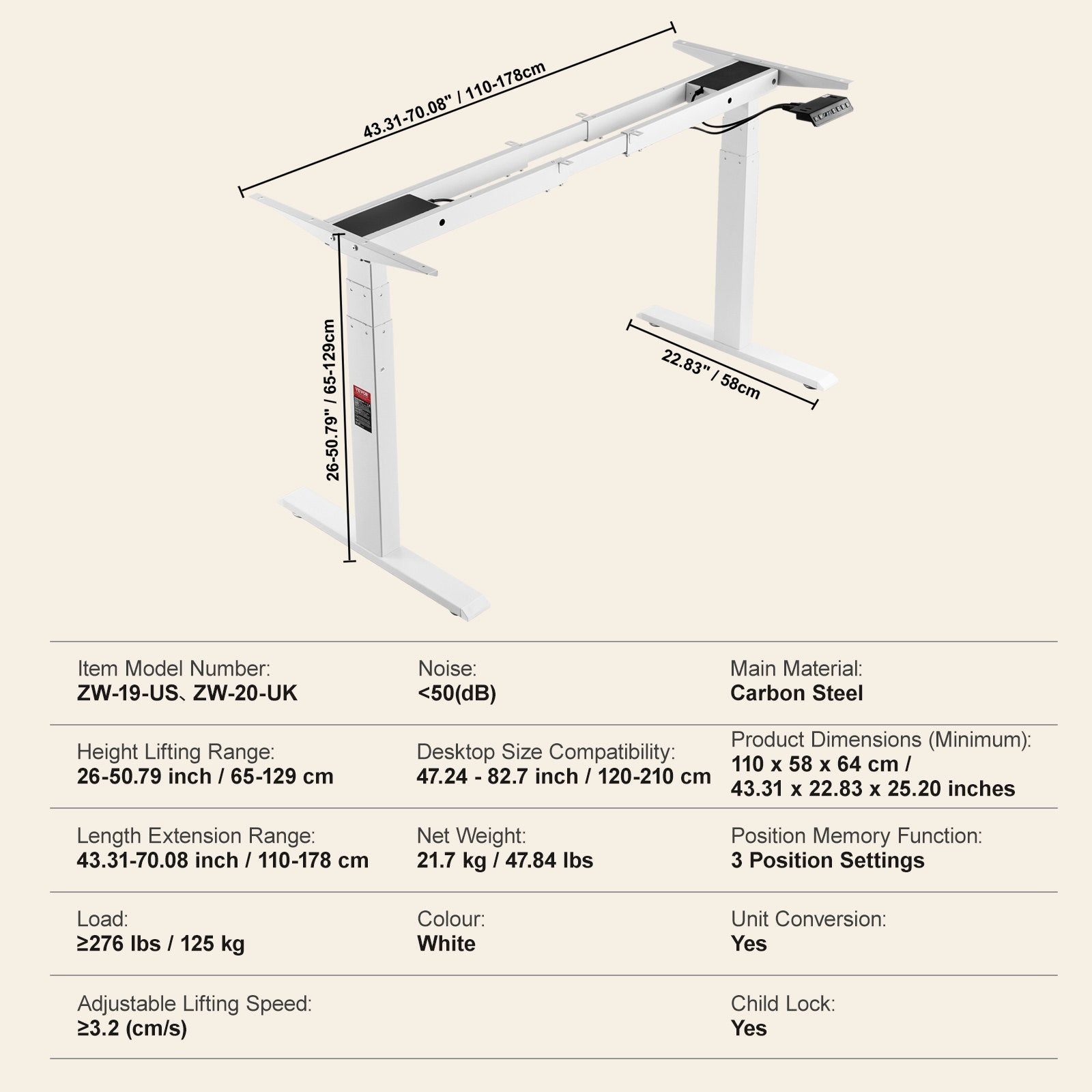 Elektrinio stalo rėmas VEVOR ZW-20, 66–129 cm aukštis