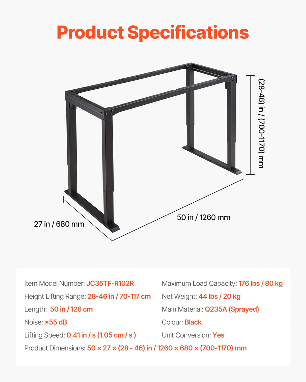Reguliuojamo aukščio stalo rėmas VEVOR JC35TF-R102R, 70–117 cm